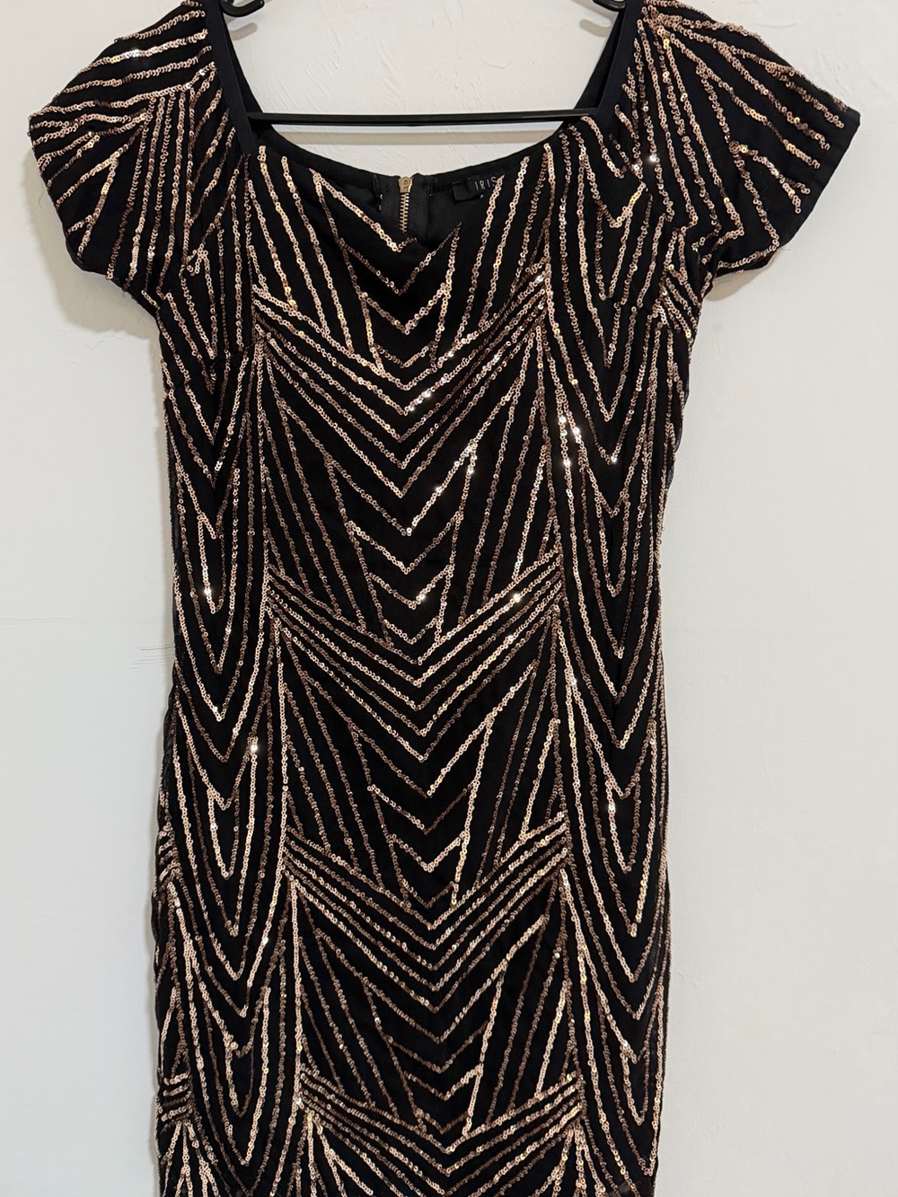 iris Black Midi Dress with Rose Gold Sequin Chevron Pattern